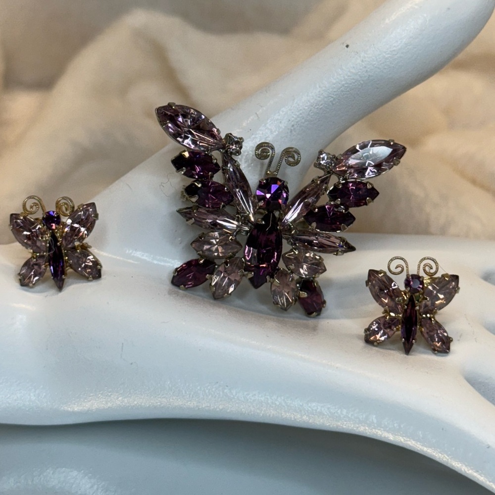Vintage Juliana Style Purple Lavender Rhinestone Butterfly Brooch &Earring #7626